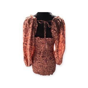 Free People Women’s Dress Rust Peach Copper Mini Elastic Ruffle Big Sleeves Bow